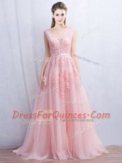 Super Baby Pink A-line Appliques and Belt Prom Evening Gown Backless Tulle Sleeveless With Train