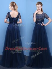 Affordable Navy Blue Prom Evening Gown Prom and For with Beading Scoop Short Sleeves Lace Up