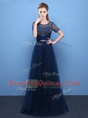 Affordable Navy Blue Prom Evening Gown Prom and For with Beading Scoop Short Sleeves Lace Up