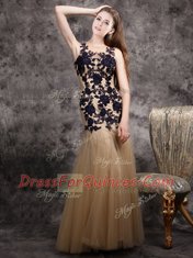 Spectacular Mermaid Scoop Sleeveless Tulle Floor Length Side Zipper Prom Evening Gown in Champagne with Lace and Appliques