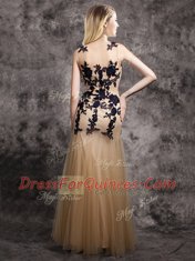 Spectacular Mermaid Scoop Sleeveless Tulle Floor Length Side Zipper Prom Evening Gown in Champagne with Lace and Appliques