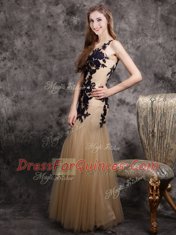Spectacular Mermaid Scoop Sleeveless Tulle Floor Length Side Zipper Prom Evening Gown in Champagne with Lace and Appliques