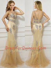 Excellent Mermaid Scoop Cap Sleeves Tulle Prom Gown Beading Brush Train Backless