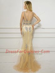 Excellent Mermaid Scoop Cap Sleeves Tulle Prom Gown Beading Brush Train Backless