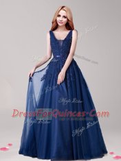 Superior Baby Pink Prom and For with Appliques and Belt V-neck Sleeveless Backless