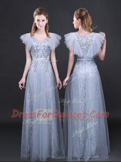 Inexpensive Lace Grey V-neck Zipper Appliques and Belt Prom Dress Short Sleeves