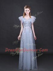 Inexpensive Lace Grey V-neck Zipper Appliques and Belt Prom Dress Short Sleeves