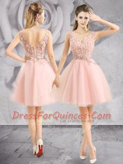 Baby Pink Zipper Dress for Prom Appliques Sleeveless Mini Length