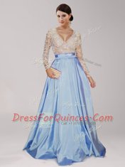Long Sleeves Floor Length Zipper Prom Party Dress Light Blue for Prom with Beading and Belt