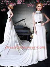 Classical Chiffon Halter Top Sleeveless Court Train Backless Appliques and Belt Prom Party Dress in White