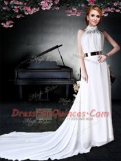 Classical Chiffon Halter Top Sleeveless Court Train Backless Appliques and Belt Prom Party Dress in White