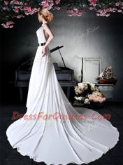 Classical Chiffon Halter Top Sleeveless Court Train Backless Appliques and Belt Prom Party Dress in White