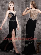 Appliques Dress for Prom Black Zipper Sleeveless With Brush Train