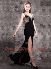 Appliques Dress for Prom Black Zipper Sleeveless With Brush Train