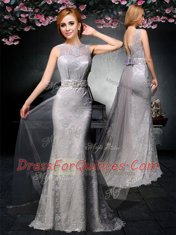Captivating Grey Sleeveless Tulle and Lace Watteau Train Backless Prom Evening Gown for Prom