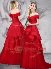 Clearance Tulle Off The Shoulder Sleeveless Brush Train Lace Up Lace Prom Dress in Red
