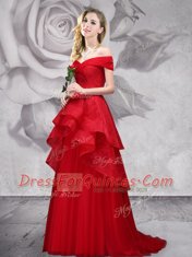 Clearance Tulle Off The Shoulder Sleeveless Brush Train Lace Up Lace Prom Dress in Red