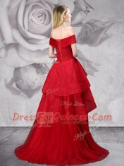 Clearance Tulle Off The Shoulder Sleeveless Brush Train Lace Up Lace Prom Dress in Red