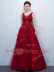 Backless Tulle Sleeveless With Train Prom Gown Brush Train and Appliques and Belt