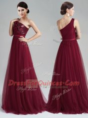 Perfect Burgundy Zipper One Shoulder Appliques and Sequins and Belt Prom Dresses Tulle Sleeveless Brush Train