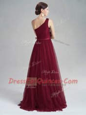 Perfect Burgundy Zipper One Shoulder Appliques and Sequins and Belt Prom Dresses Tulle Sleeveless Brush Train