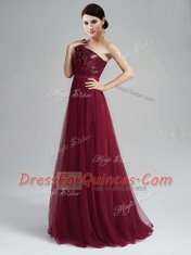 Perfect Burgundy Zipper One Shoulder Appliques and Sequins and Belt Prom Dresses Tulle Sleeveless Brush Train