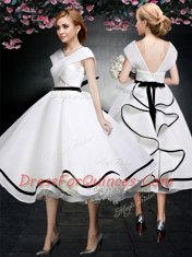 White Chiffon Zipper V-neck Cap Sleeves Tea Length Prom Gown Lace