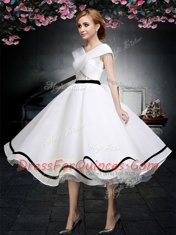 White Chiffon Zipper V-neck Cap Sleeves Tea Length Prom Gown Lace