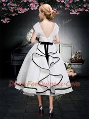 White Chiffon Zipper V-neck Cap Sleeves Tea Length Prom Gown Lace