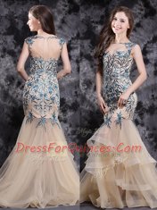 Mermaid Champagne Tulle Zipper Sleeveless With Brush Train Appliques and Ruffles