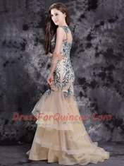 Mermaid Champagne Tulle Zipper Sleeveless With Brush Train Appliques and Ruffles