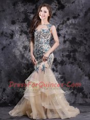 Mermaid Champagne Tulle Zipper Sleeveless With Brush Train Appliques and Ruffles
