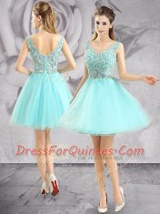 Sleeveless Tulle Mini Length Zipper Prom Evening Gown in Aqua Blue with Appliques