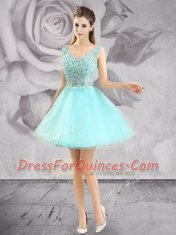 Sleeveless Tulle Mini Length Zipper Prom Evening Gown in Aqua Blue with Appliques