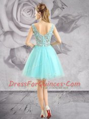 Sleeveless Tulle Mini Length Zipper Prom Evening Gown in Aqua Blue with Appliques