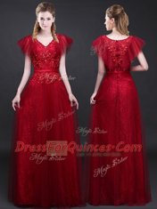 V-neck Short Sleeves Zipper Wine Red Tulle and Lace