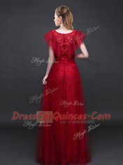 V-neck Short Sleeves Zipper Wine Red Tulle and Lace