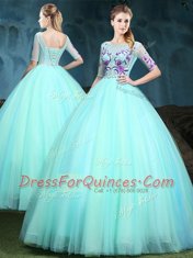 Attractive Scoop Half Sleeves Floor Length Appliques Lace Up Quinceanera Gowns with Apple Green