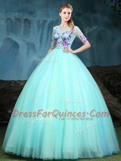 Attractive Scoop Half Sleeves Floor Length Appliques Lace Up Quinceanera Gowns with Apple Green
