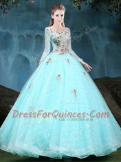 Dazzling Scoop Long Sleeves Floor Length Appliques Lace Up Sweet 16 Dresses with Apple Green