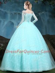 Dazzling Scoop Long Sleeves Floor Length Appliques Lace Up Sweet 16 Dresses with Apple Green