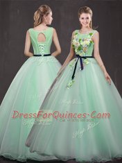 Scoop Floor Length Ball Gowns Sleeveless Apple Green Vestidos de Quinceanera Lace Up