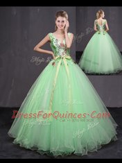 Great Floor Length Apple Green Quinceanera Gown V-neck Sleeveless Lace Up