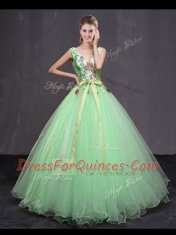Great Floor Length Apple Green Quinceanera Gown V-neck Sleeveless Lace Up