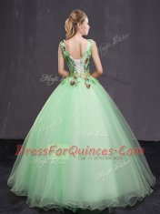 Great Floor Length Apple Green Quinceanera Gown V-neck Sleeveless Lace Up
