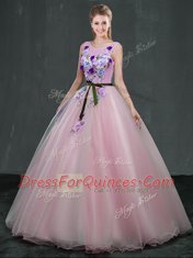 Deluxe Scoop Sleeveless Quinceanera Gowns Floor Length Appliques Pink Organza