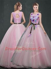 Deluxe Scoop Sleeveless Quinceanera Gowns Floor Length Appliques Pink Organza