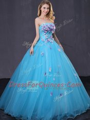 Exceptional Baby Blue Sleeveless Appliques Floor Length Quinceanera Dresses