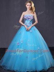 Exceptional Baby Blue Sleeveless Appliques Floor Length Quinceanera Dresses