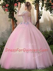 Adorable Scoop Floor Length Ball Gowns Long Sleeves Baby Pink Sweet 16 Quinceanera Dress Lace Up